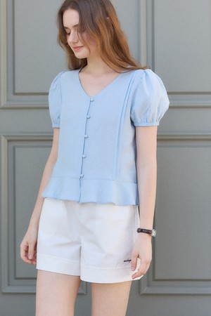 V-Neck Pintuck Shirring Blouse - Sky blue