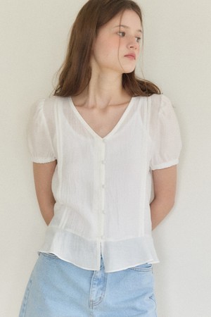 V-Neck Pintuck Shirring Blouse - White