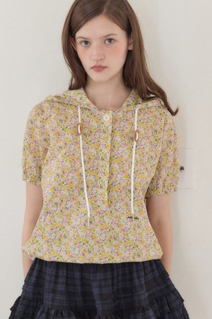 Floral Button-down Hood Blouse - Yellow