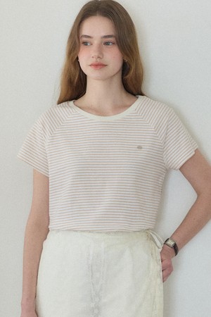 Striped Raglan Half-Sleeve T-shirt - Beige