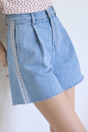 Lace Trim Denim Shorts - Blue