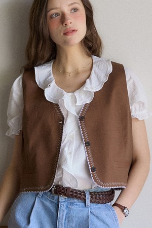 Atelier Embroidery Linen Vest - Brown