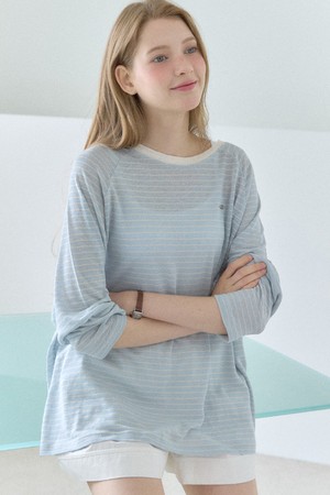 Linen Sheer Stripe Raglan T-shirt - Sky Blue