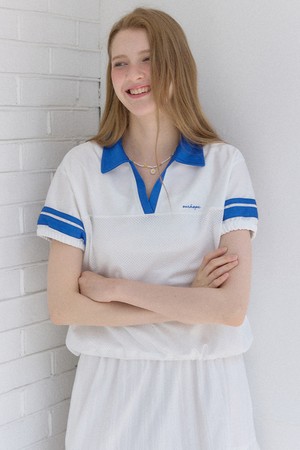 Two-tone Collar Mesh T-shirt - Blue