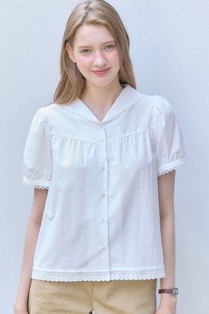 Marine Collar Shirring Blouse - White