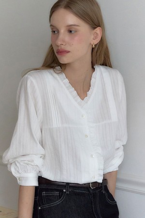 V-Neck Ruffle Pintuck Blouse - Ivory
