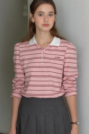 Stripe Shirring Pique Sleeve T-shirt - Pink