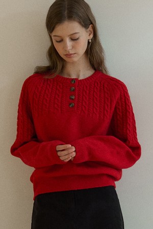 Button Wool Cable Knit - Red