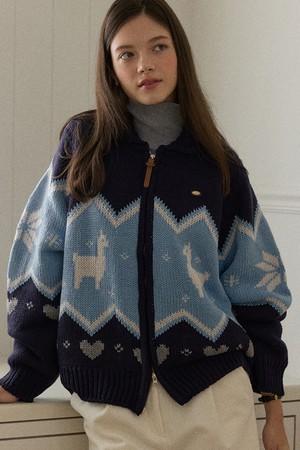 Alpaca Pattern Cowichan Knit Cardigan - Navy