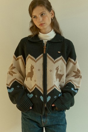 Alpaca Pattern Cowichan Knit Cardigan - Green