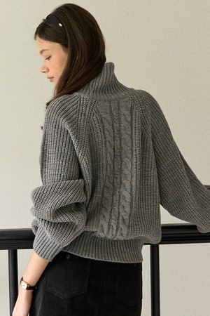 Phoebe Cable Turtleneck Knit - Melange Grey
