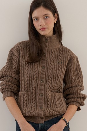 Caroline Wool High-Neck Button Cardigan - Brown