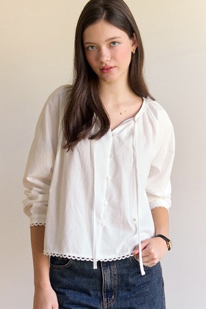 Peached Ribbon Shirring Blouse - Ivory