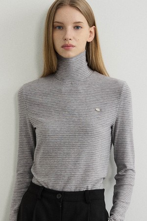 Soft Angora Stripe Turtleneck T-shirt - Melange grey