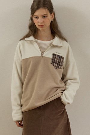 Check Comfy Fleece Half Zip-Up - Beige