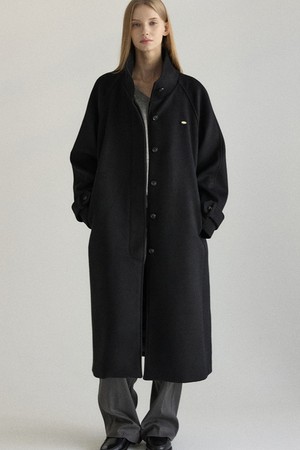 High-Neck Belted Raglan Wool Coat - Black