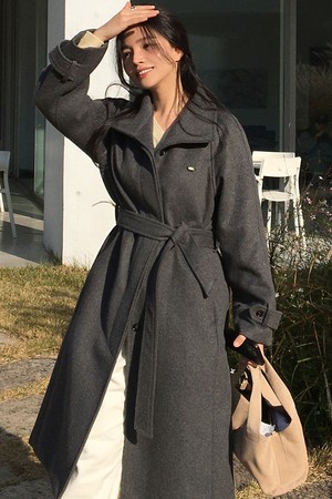 High-Neck Belted Raglan Wool Coat - Charcoal