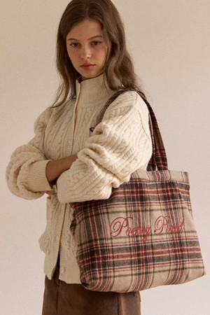 Poetry Embroidery Wool Check Bag - Beige