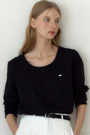 Logo Silky U-neck Sleeve T-shirt - Black