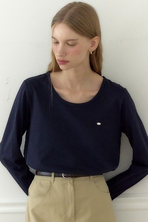Logo Silky U-neck Sleeve T-shirt - Navy