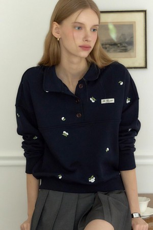 Margaret Embroidery Button-down Sweatshirt - Navy