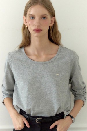 Logo Silky U-neck Sleeve T-shirt - Melange grey