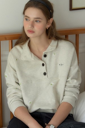 Margaret Embroidery Button-down Sweatshirt - Oatmeal