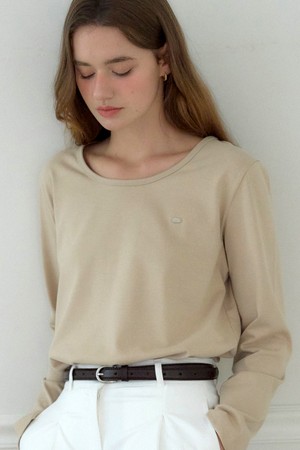 Logo Silky U-neck Sleeve T-shirt - Beige