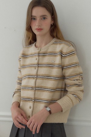 Multi-Stripe Round-Neck Cardigan - Beige