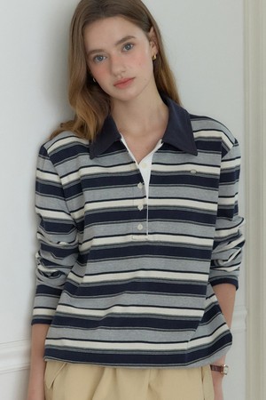Sorbet Stripe Pique Sleeve T-shirt - Navy