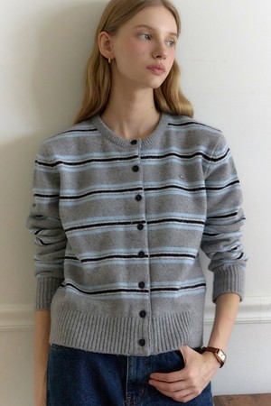 Multi-Stripe Round-Neck Cardigan - Melange grey