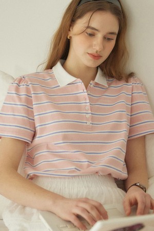 Stripe Shirring Pique T-Shirt - Pink