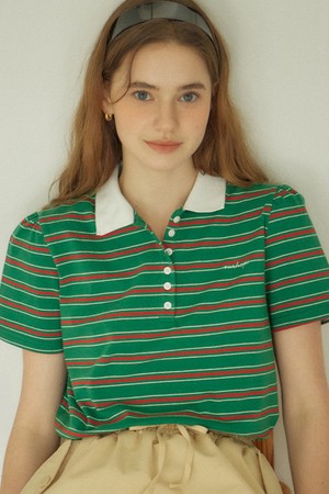 Stripe Shirring Pique T-Shirt - Green