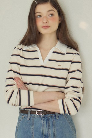 Stripe Open Collar Long-Sleeve T-shirt - ivory