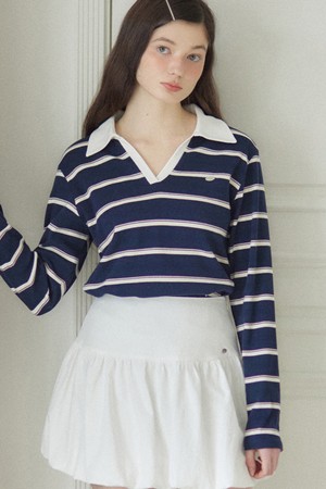 Stripe Open Collar Long-Sleeve T-shirt - Navy