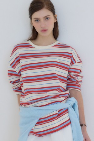 오버핏 로고 스트라이프 슬리브 티셔츠 - Red