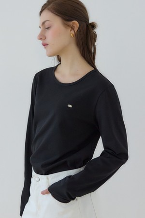 로고 실키 라운드 넥 슬리브 티셔츠 - Black