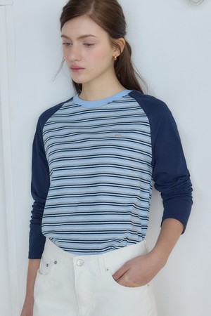 스트라이프 투톤 래글런 티셔츠 - Navy