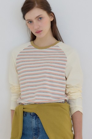 스트라이프 투톤 래글런 티셔츠 - Yellow