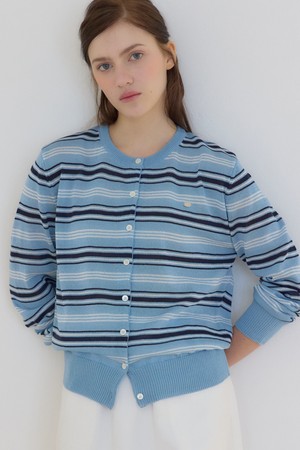 시어 멀티 스트라이프 라운드 넥 가디건 - Sky Blue