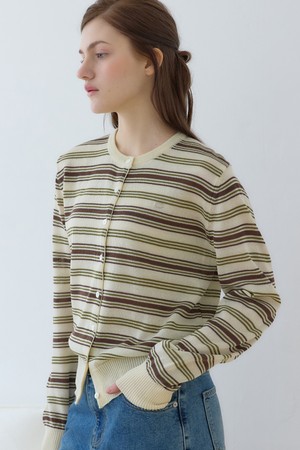 시어 멀티 스트라이프 라운드 넥 가디건 - Yellow