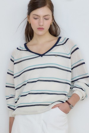 린넨 헤더 스트라이프 브이넥 니트 - Ivory