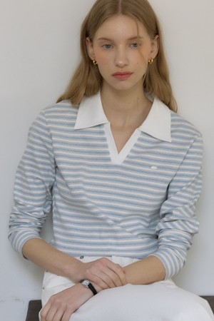 스트라이프 오픈 카라 롱 슬리브 티셔츠 - Sky Blue