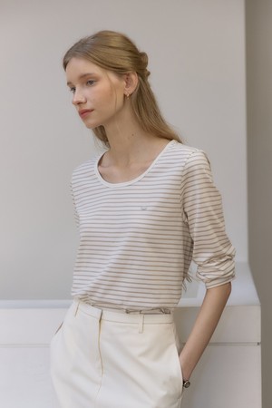 로고 스트라이프 유넥 슬리브 티셔츠 - Beige