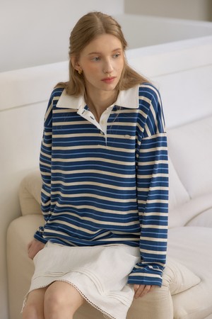 라일리 스트라이프 카라 티셔츠 - Navy