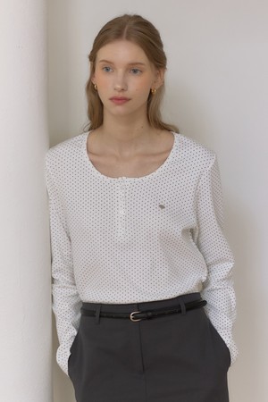 도트 헨리넥 슬리브 티셔츠 - White