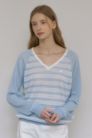 린넨 래글런 스트라이프 브이넥 니트 - Sky Blue