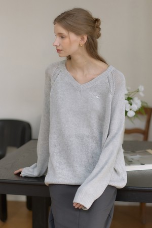 린넨 브이넥 시어 니트 - Grey