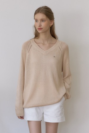 린넨 브이넥 시어 니트 - Beige