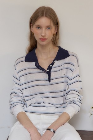 린넨 스트라이프 로고 카라 니트 - Navy